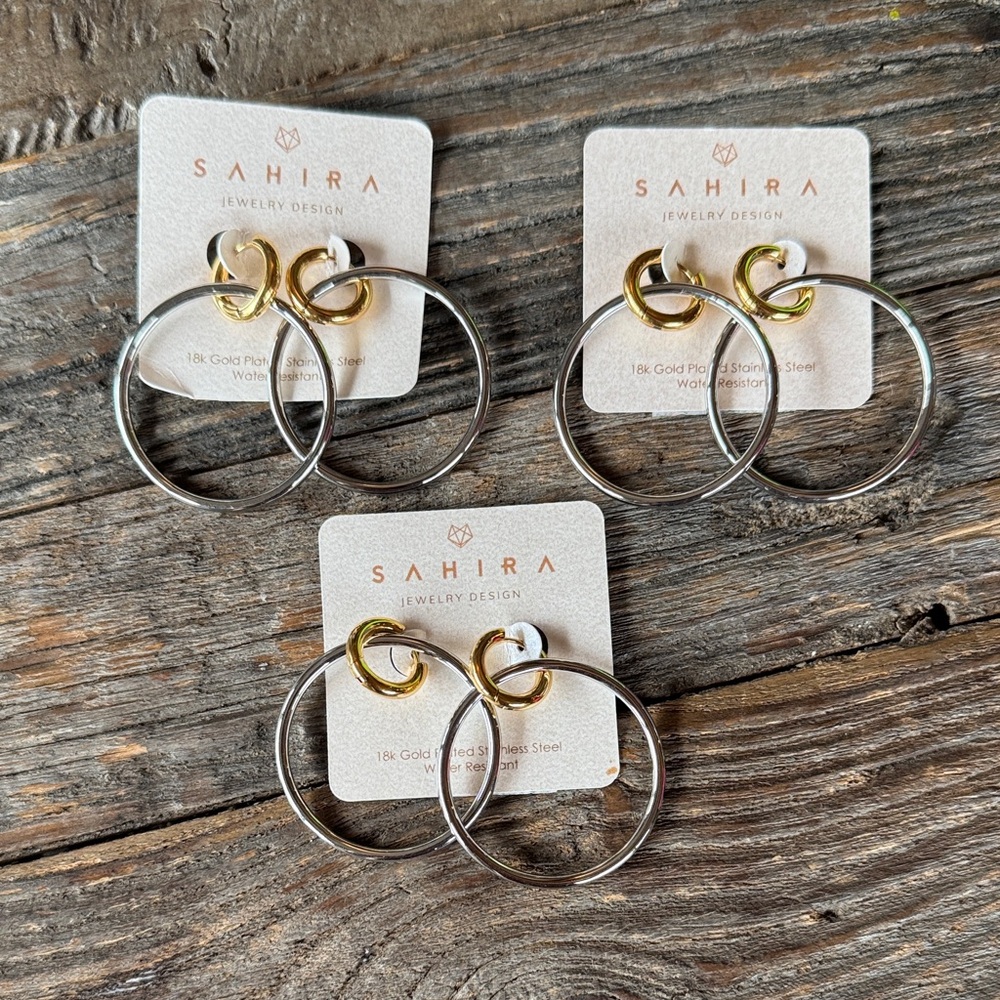 Sahira double hoop silver & gold dangle earrings NWT